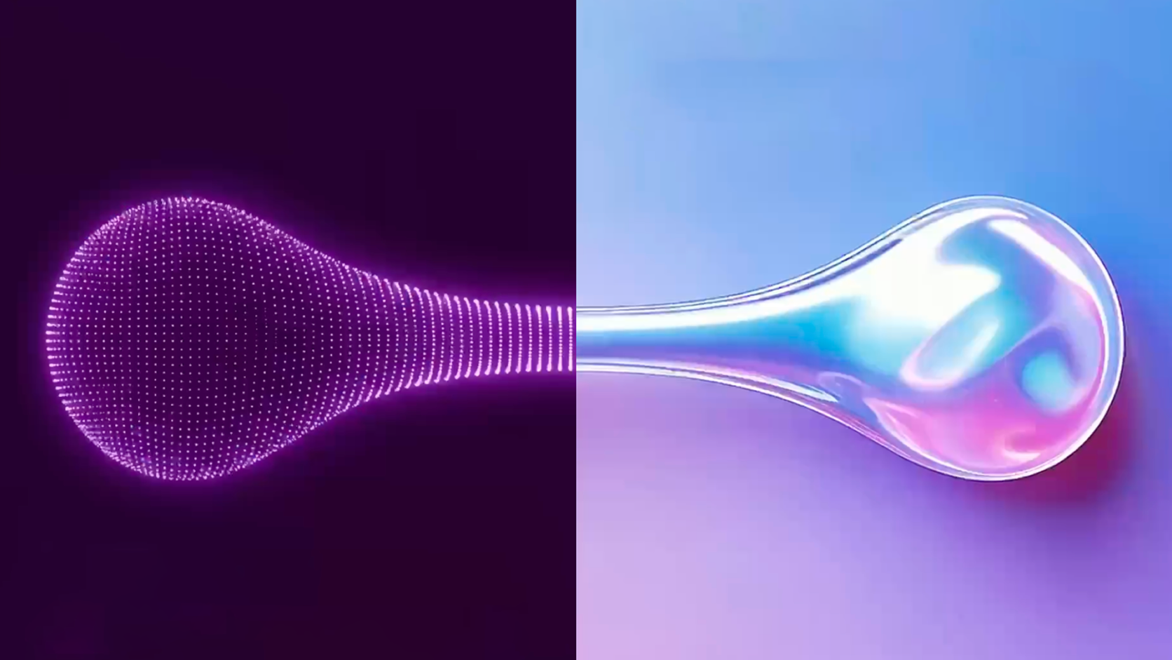 The form rendered twice: a luminous point-cloud on the left, a holographic chrome surface on the right
